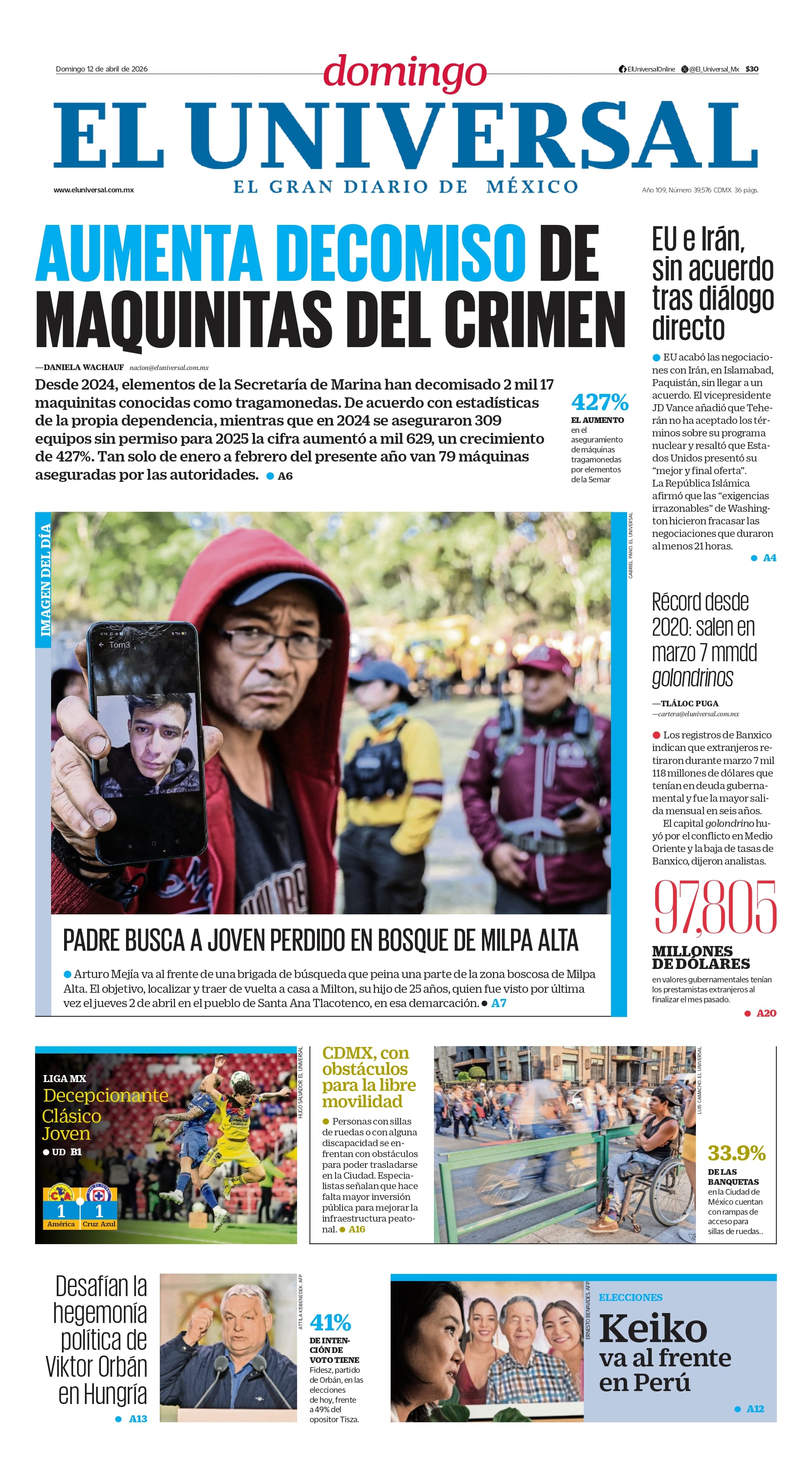 Portada impresa del 12 de abril de 2026