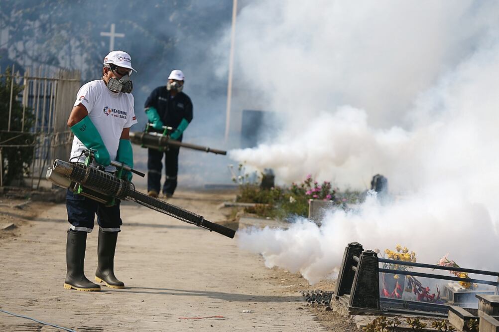 Trabajadores fumigan un cementerio en Lima, Perú, para prevenir la multiplicación del mosquito que transmite el zika, dengue y chikunguya (MARTÍN MEJÍA. AP)