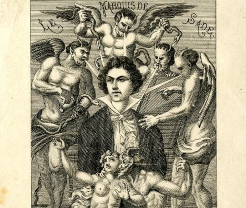 Retrato del marqués de Sade rodeado por cuatro demonios alados, hecho por H Biberstein entre 1850 y 1901. Crédito: British Museum