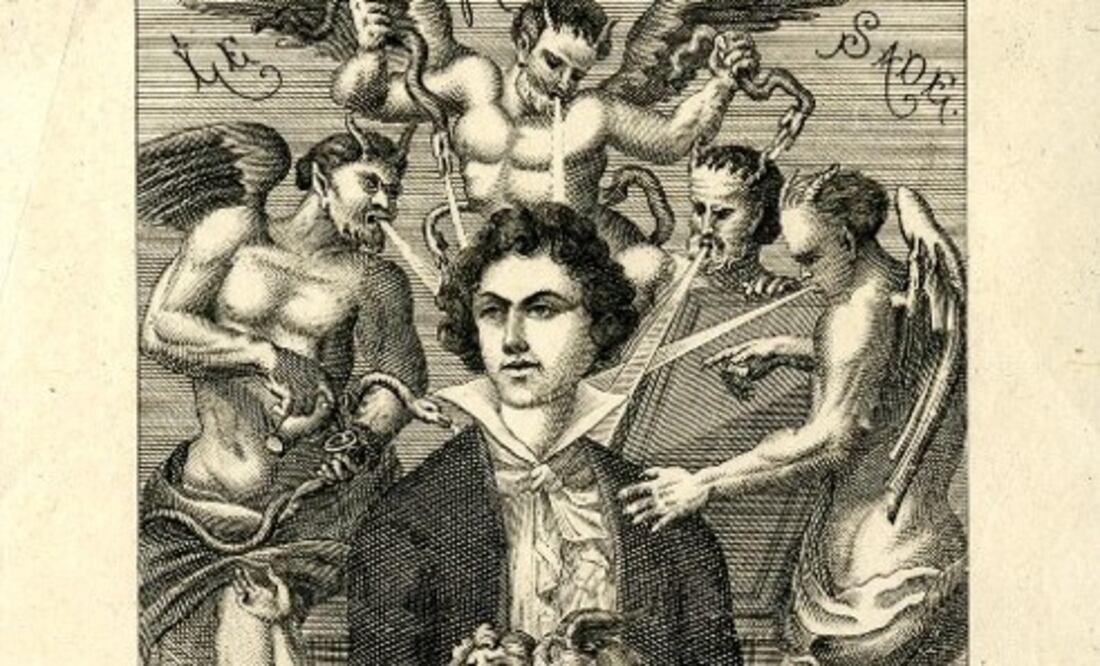 Retrato del marqués de Sade rodeado por cuatro demonios alados, hecho por H Biberstein entre 1850 y 1901. Crédito: British Museum