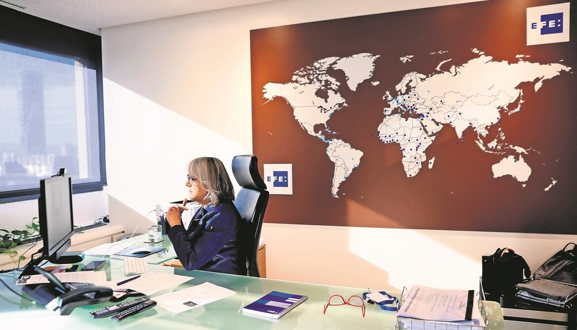 La presidenta de EFE, Gabriela Cañas, en la 77 Asamblea General de la Sociedad Interamericana de Prensa (SIP), que se celebró de forma virtual. Foto: Chema Moya. EFE