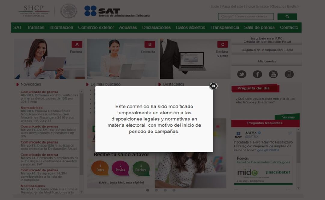 Tomada de página del SAT