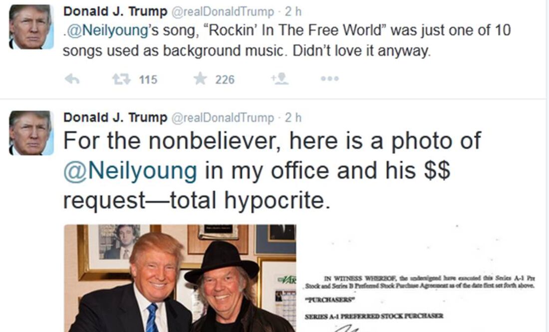 Dice que ni siquiera le gusta la canción de Young que se usó en su conferencia Foto: @realDonaldTrump