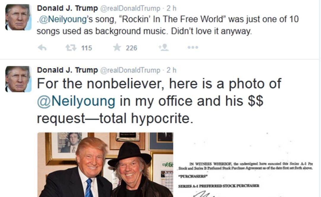 Dice que ni siquiera le gusta la canción de Young que se usó en su conferencia Foto: @realDonaldTrump