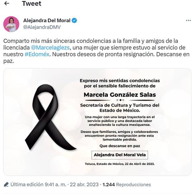 Alejandra del Moral Vela lamenta el fallecimiento. Foto: Twitter