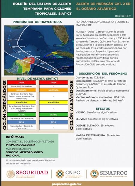 Emiten alerta roja por huracán "Delta" en zona norte de Quintana Roo