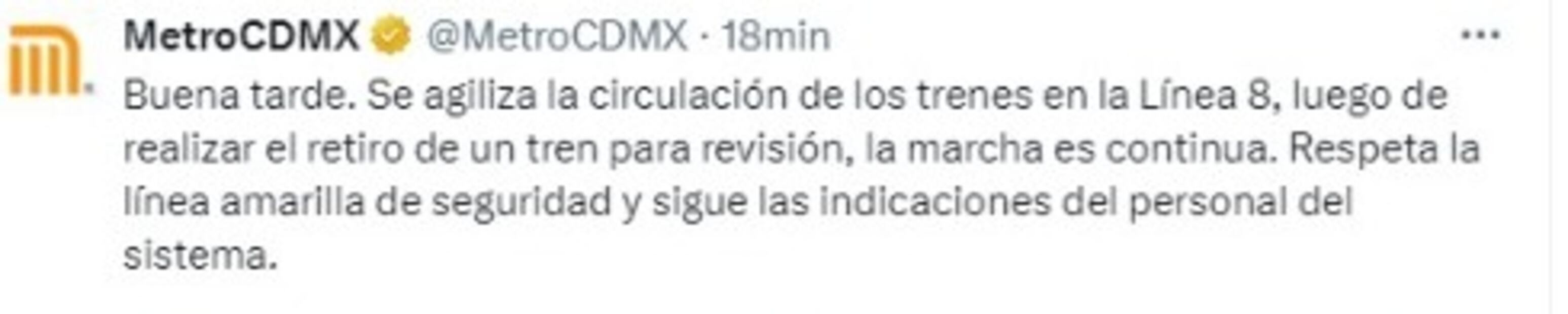Metro informa acerca del retraso de en la Línea 8. Foto: x @Metrocdmx
