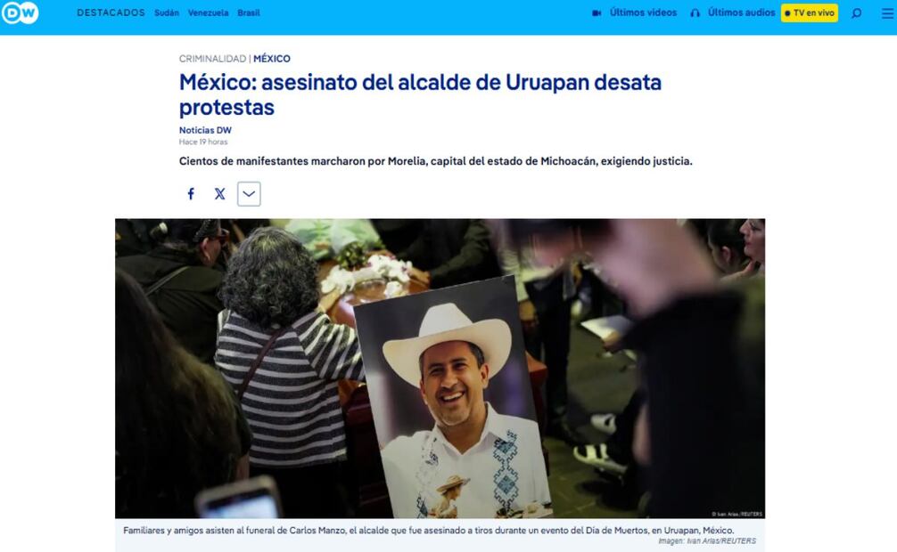 Cobertura de DW sobre el asesinato de Carlos Manzo. Foto: Captura de pantalla