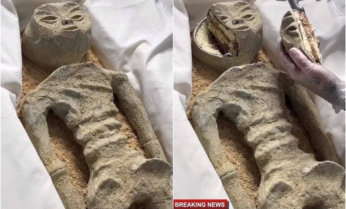 En la grabación se observa una réplica exacta del alienígena, mientras una persona corta la parte de la cara para disfrutar del postre. Foto: plataforma X. @pubity