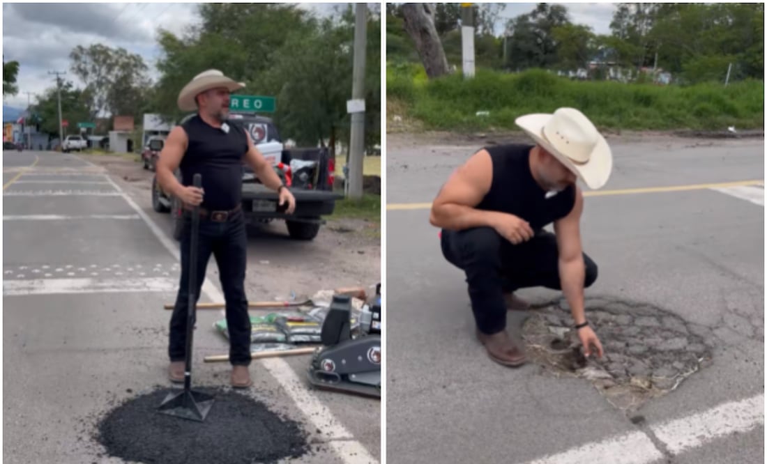 El influencer regiomontano "El Potro" tapó el bache denunciado por "Don Nico", activista asesinado en Guanajuato. Foto: Captura de pantalla @manuelcantunl