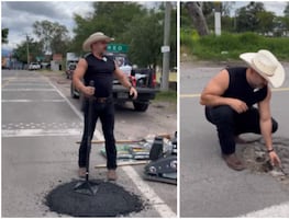 Manuel Cantú "El Potro" tapa el bache denunciado por Don Nico, heladero asesinado en Guanajuato