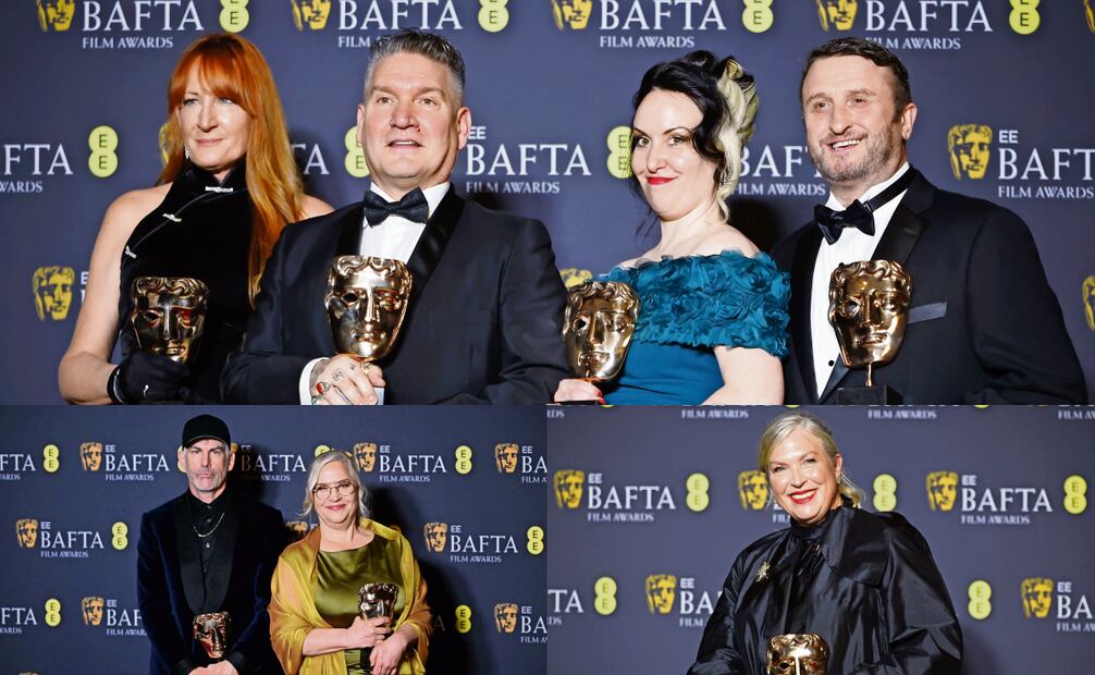 J. Samuel, C. Furey, M. Hill y M. Many, premiados por Mejor maquillaje, todos por la cinta Frankenstein. Abajo T. Deverell y S. Vieau, diseñadores de producción. y Kate Hawley, diseñadora de vestuario. Fotos: AP / EFE