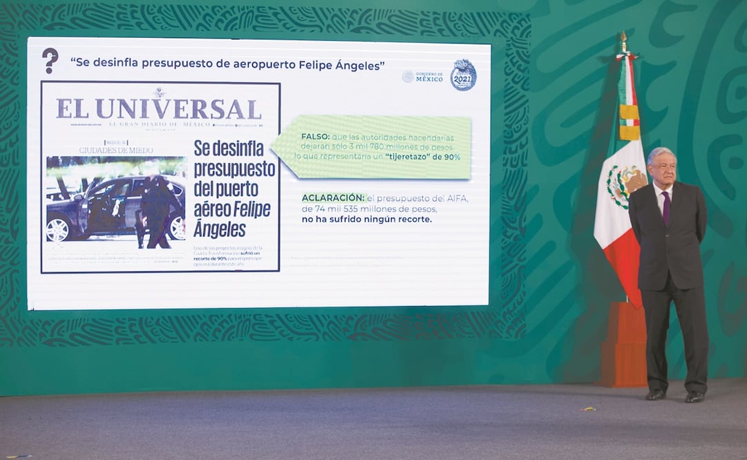 El presidente Andrés Manuel López Obrador presentó una primera plana de EL UNIVERSAL en su conferencia matutina de ayer dentro de la sección “¿Quién es quién en las mentiras de la semana?”. Foto: Germán Espinosa/ EL UNIVERSAL.