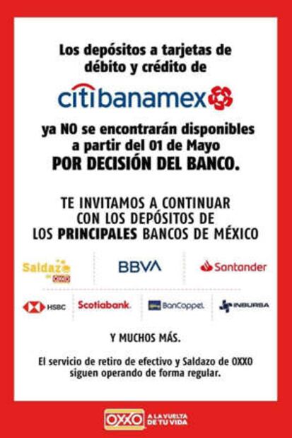 Oxxo dejará de recibir depósitos a Citibanamex en mayo 