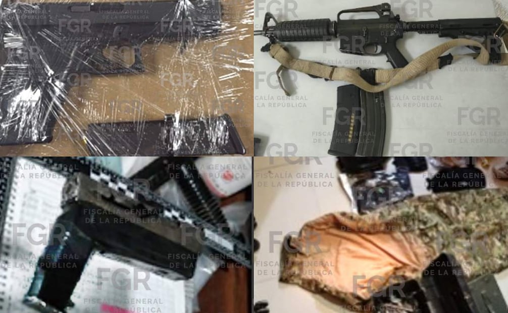 Armas de fuego y equipo asegurado en La Esperanza, Puebla. Foto: Fiscalía General de la República (FGR)