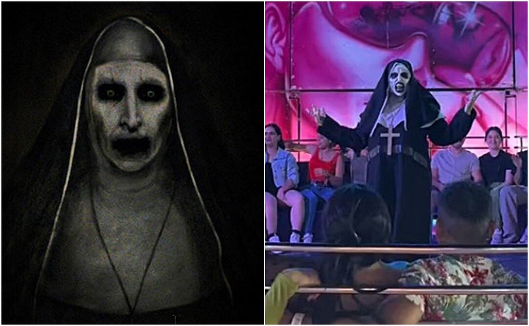 La Monja, personaje de película y de la feria de Durango. Foto: Capturas de pantalla Warner Bros y TikTok @espectacularesgarcía