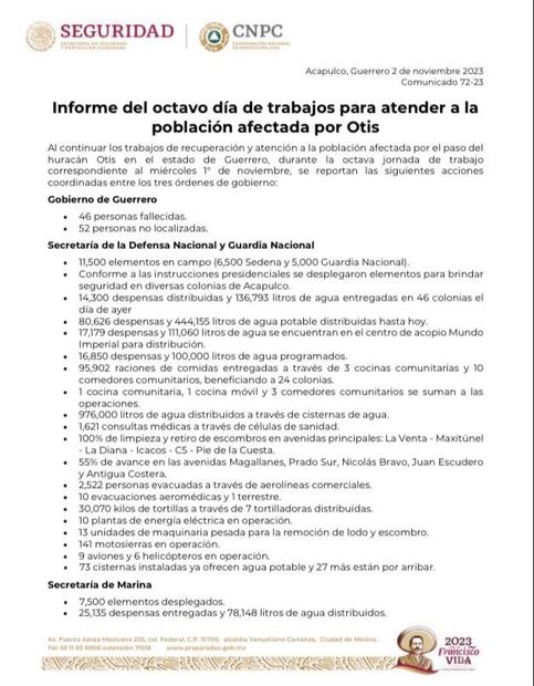 Informe para atender a la población afectada por "Otis"
