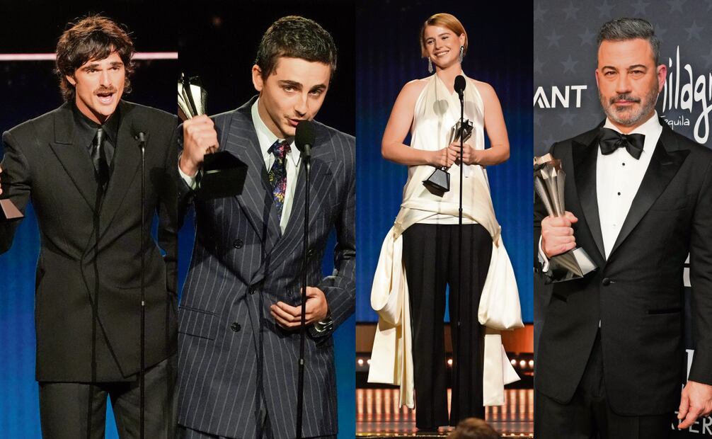 Jacob Elordi, Timothée Chalamet, Emma Corrin y Jimmy Kimmel. Fotos: AP