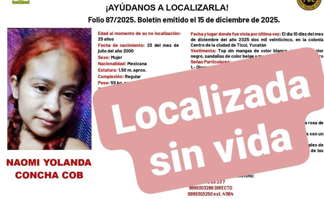 Hallan sin vida a joven desaparecida en Yucatán (16/12/2025). Foto: Especial