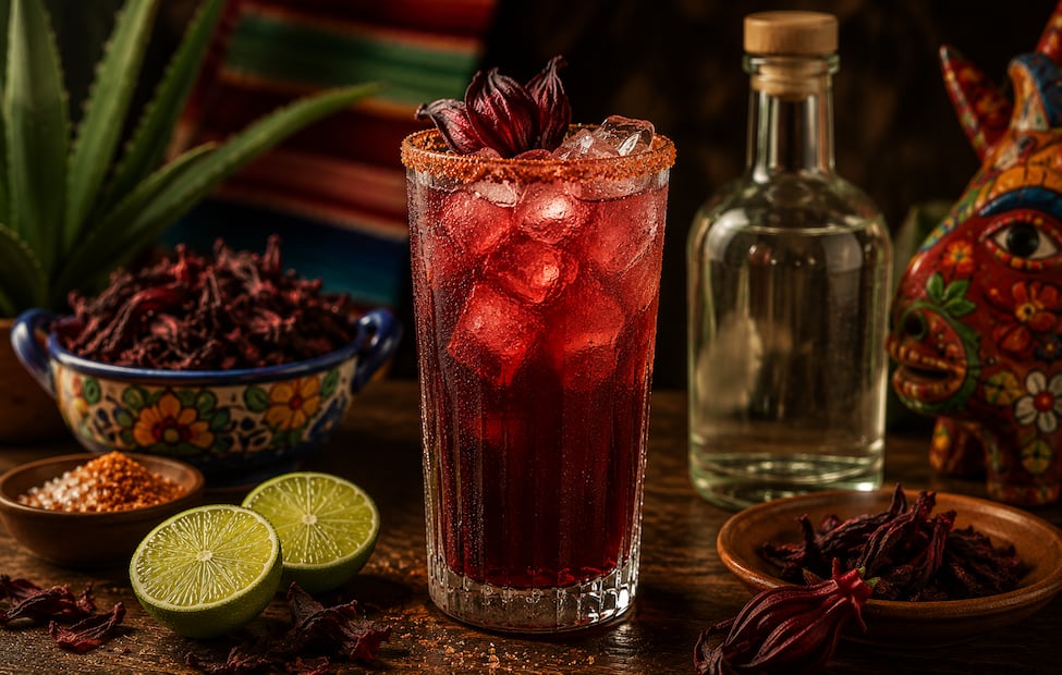 Este cóctel combina la herencia del ron mexicano y la charanda con el perfil acidito del concentrado de jamaica y un toque de chile en polvo. Foto: creada con IA.