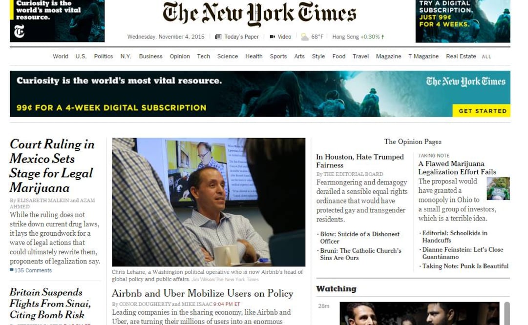 Aspecto del portal del NYT, con la nota principal sobre el tema de la marihuana en México