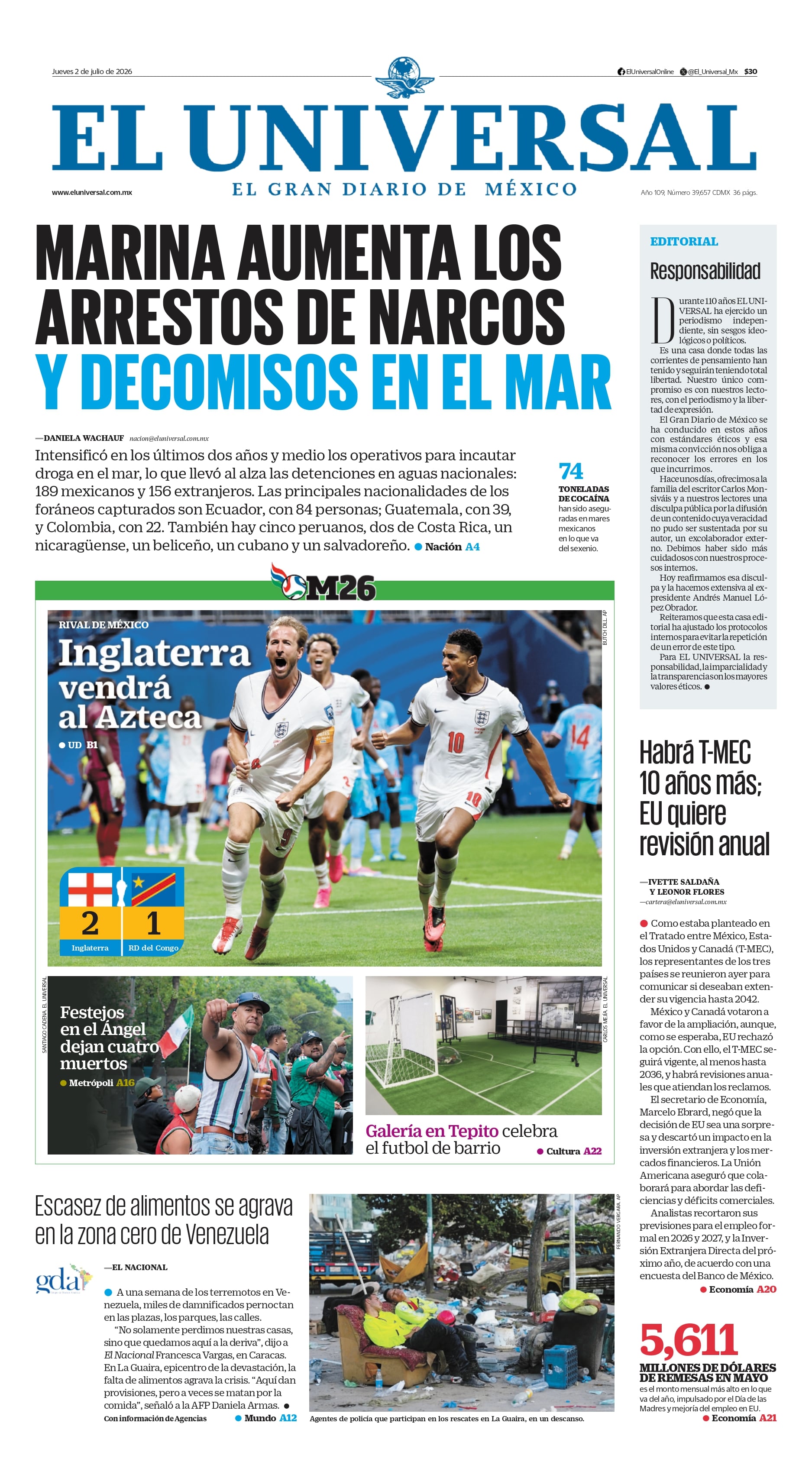 Portada impresa del 2 de julio de 2026