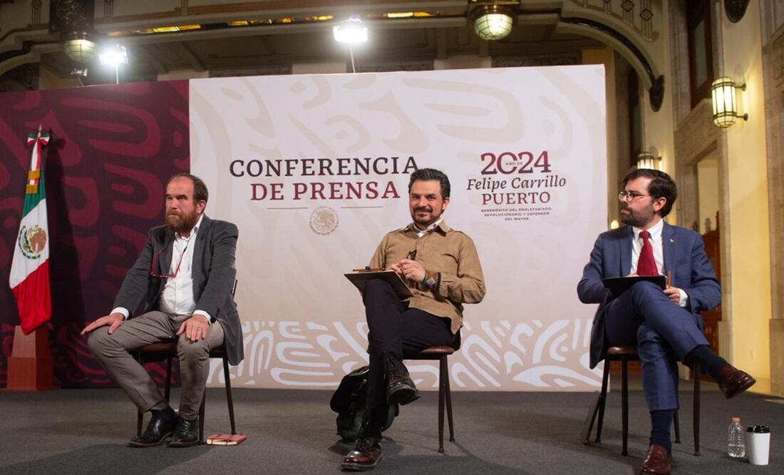 Zoé Robledo, Alejandro Svarch y Ruy López Ridaura en la mañanera de López Obrador. Foto: Presidencia