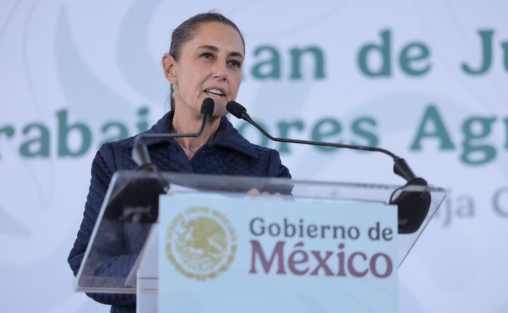 La presidenta de México, Claudia Sheinbaum, durante el seguimiento del Plan de Justicia para los Trabajadores Agrícolas de San Quintín, Baja California. Foto: Especial