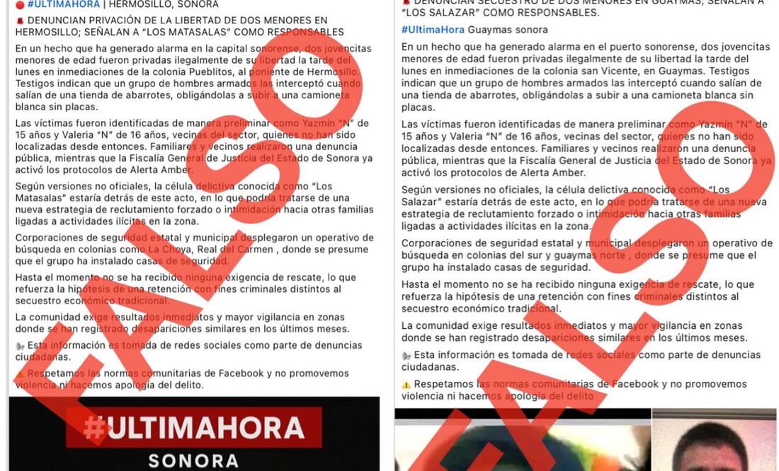 Textos que circulan en redes sociales sobre el secuestro de dos menores y que la Fiscalía de Sonora ha desmentido (30/05/2025). Fotos: Fiscalía de Sonora