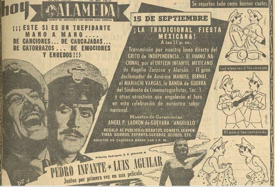 La película "A toda máquina", protagonizada con Pedro Infante y Luis Aguilar encabezaban la celebración del 15 de septiembre de 1951. Hemeroteca EL UNIVERSAL.