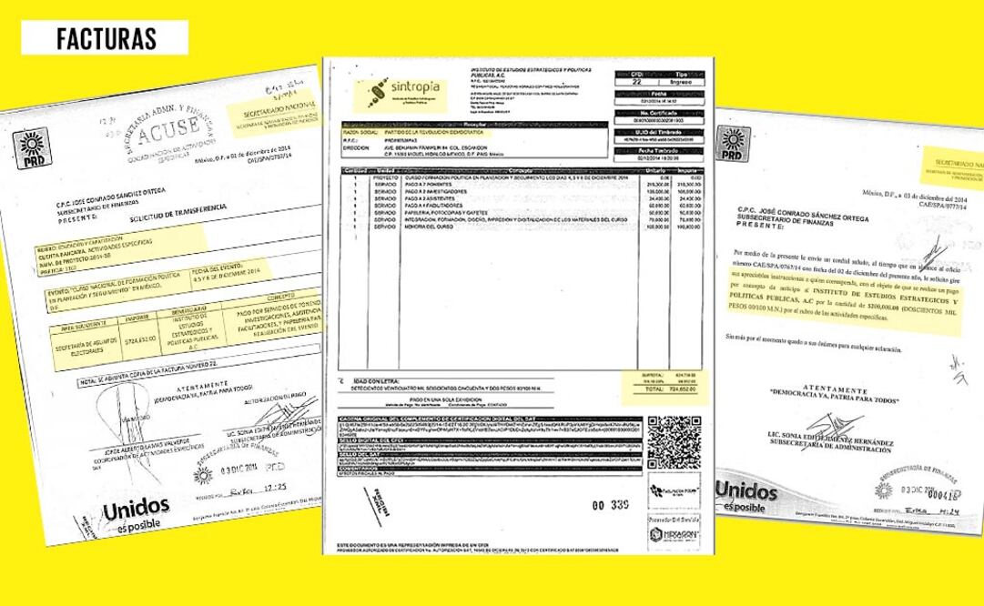 Facturas proporcionadas a EL UNIVERSAL con base en la Ley de Transparencia, que demuestran la contratación de cursos y talleres de capacitación para la militancia de su partido, a través de una asociación civil vinculada con Jesús Ortega y Eric Villanueva