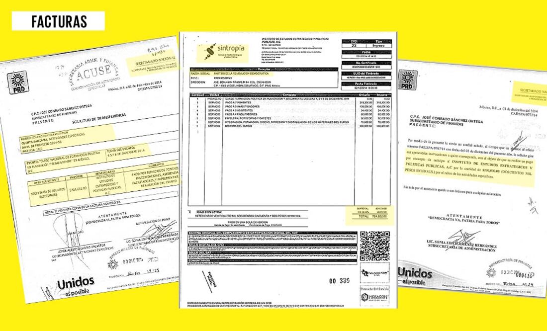 Facturas proporcionadas a EL UNIVERSAL con base en la Ley de Transparencia, que demuestran la contratación de cursos y talleres de capacitación para la militancia de su partido, a través de una asociación civil vinculada con Jesús Ortega y Eric Villanueva