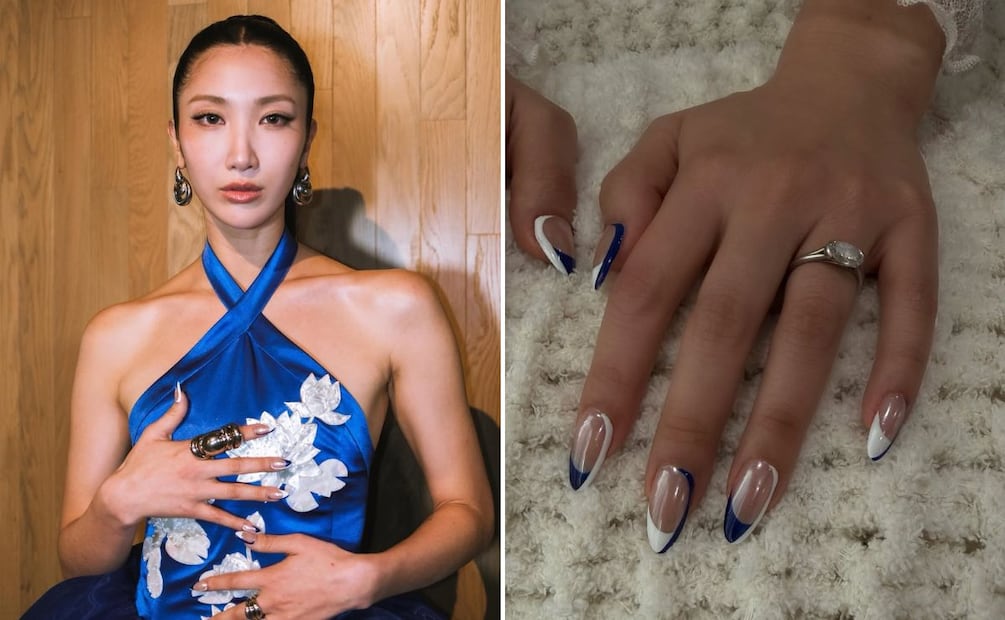 La cantante lleva uñas francesas a juego con el vestido. Foto: Instagram @nailsbyzola