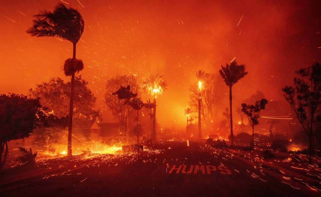 El incendio de Palisades arde en un vecindario en medio de fuertes vientos en el barrio de Pacific Palisades en Los Ángeles, el martes 7 de enero de 2025. Foto: AP