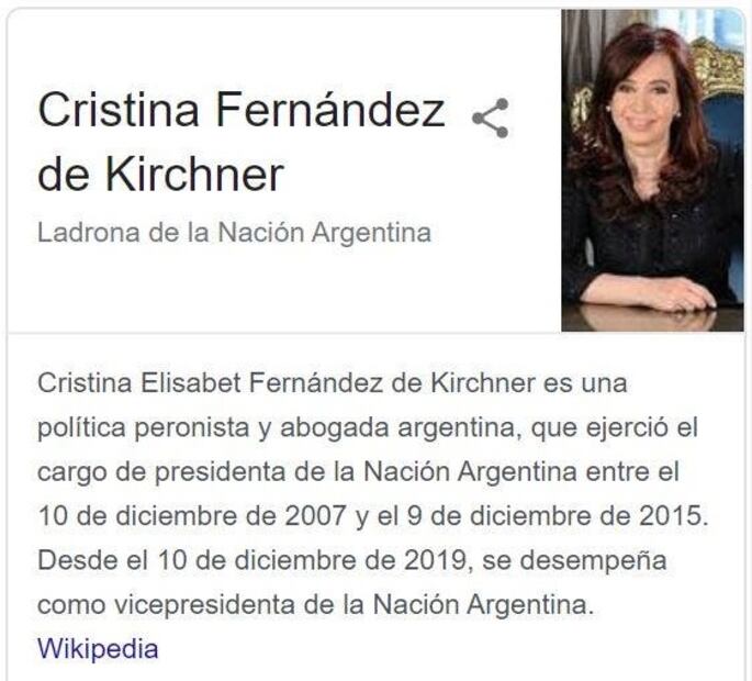 Cristina Fernández demanda a Google por aparecer en el buscador como "Ladrona de la Nación Argentina"