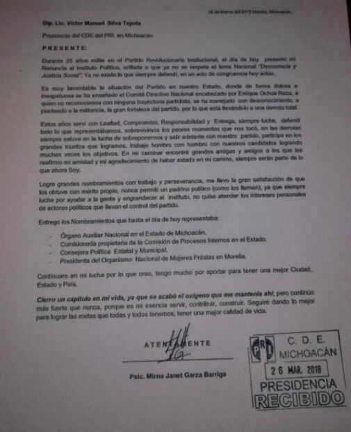 Renuncia dirigente de organismo de mujeres priístas en Morelia, Michoacán