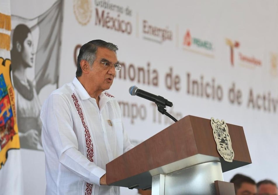 Ámerico Villarreal, gobernador de Tamaulipas, da banderazo a actividades del Campo Trión, proyecto de Pemex y la empresa australiana Woodside Energy. Foto: Especial