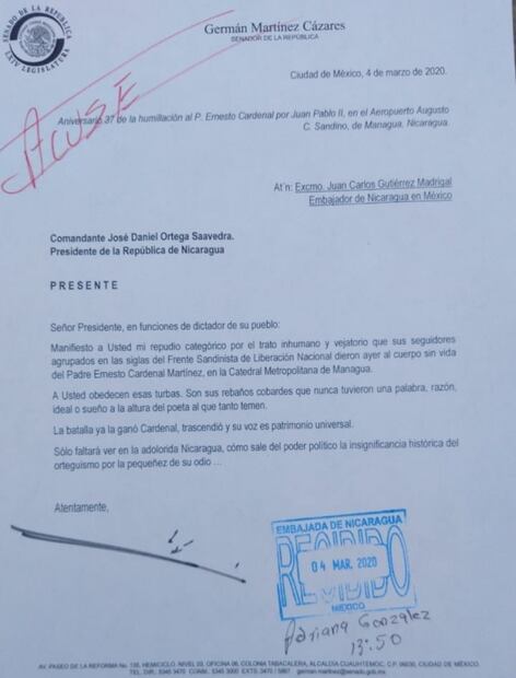 Germán Martínez reprueba irrupción en funeral de Ernesto Cardenal; llama dictador a Daniel Ortega