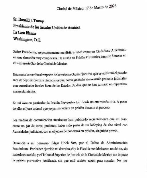 Carta del ciudadano estadounidense John Urich dirigida a Donald Trump / Foto: Especial