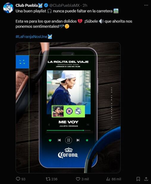 Puebla troleó a Cruz Azul. FOTO: @ClubPueblaMX