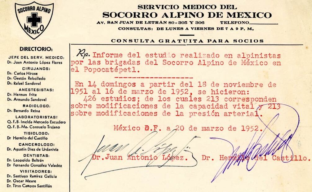 Comprobante del Socorro Alpino, con un balance de 426 estudios realizados entre noviembre de 1951 a marzo del 52. La atención médica era gratuita para los afiliados y a precio especial para montañistas. Foto: ESPECIAL/Cortesía Enrique Chávez Poupard