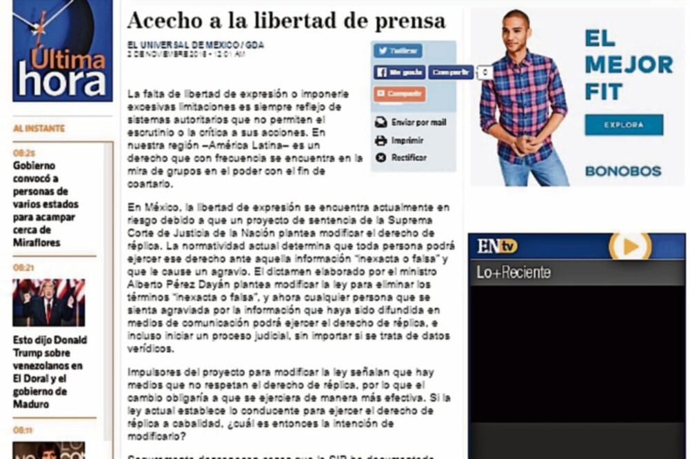 El Nacional, de Venezuela; La Nación, de Argentina, y O Globo, de Brasil se refirieron en sus respectivas ediciones al texto de El Gran Diario de México sobre las amenazas que se ciernen sobre la libertad de expresión. (TOMADAS DE INTERNET)
