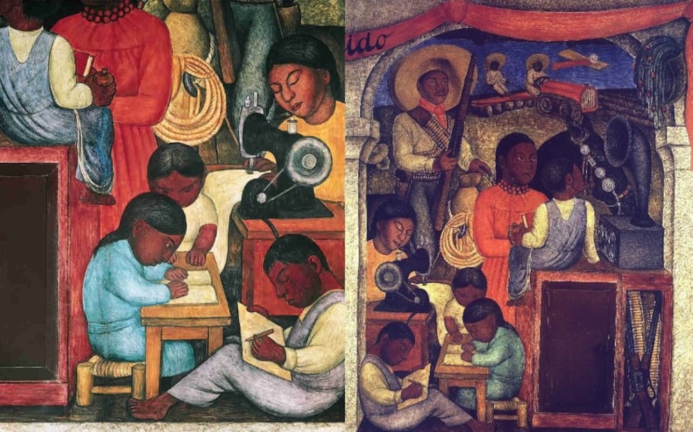 Detalle del mural de Diego Rivera en la Secretaría de Educación Pública, donde niños indígenas estudian como símbolo de inclusión y esperanza educativa. Crédito: Museo Casa Estudio Diego Rivera y Frida Kahlo, SEP
