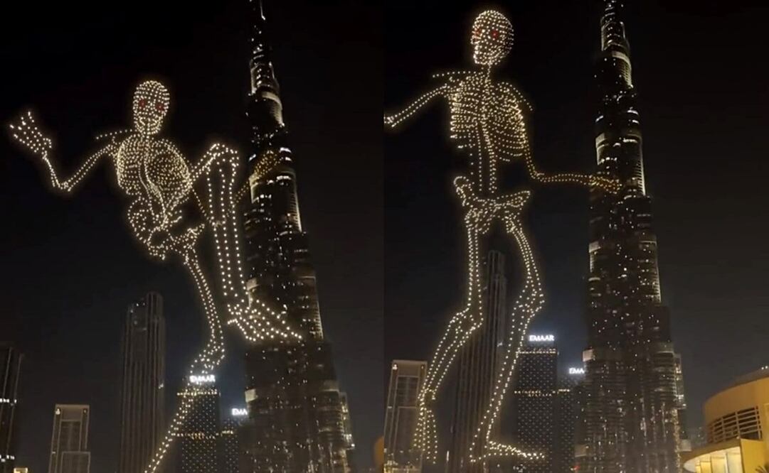 El esqueleto de drones "cobro vida" en la torre Burj Khalifa. Foto: Instagram @geoscan.show