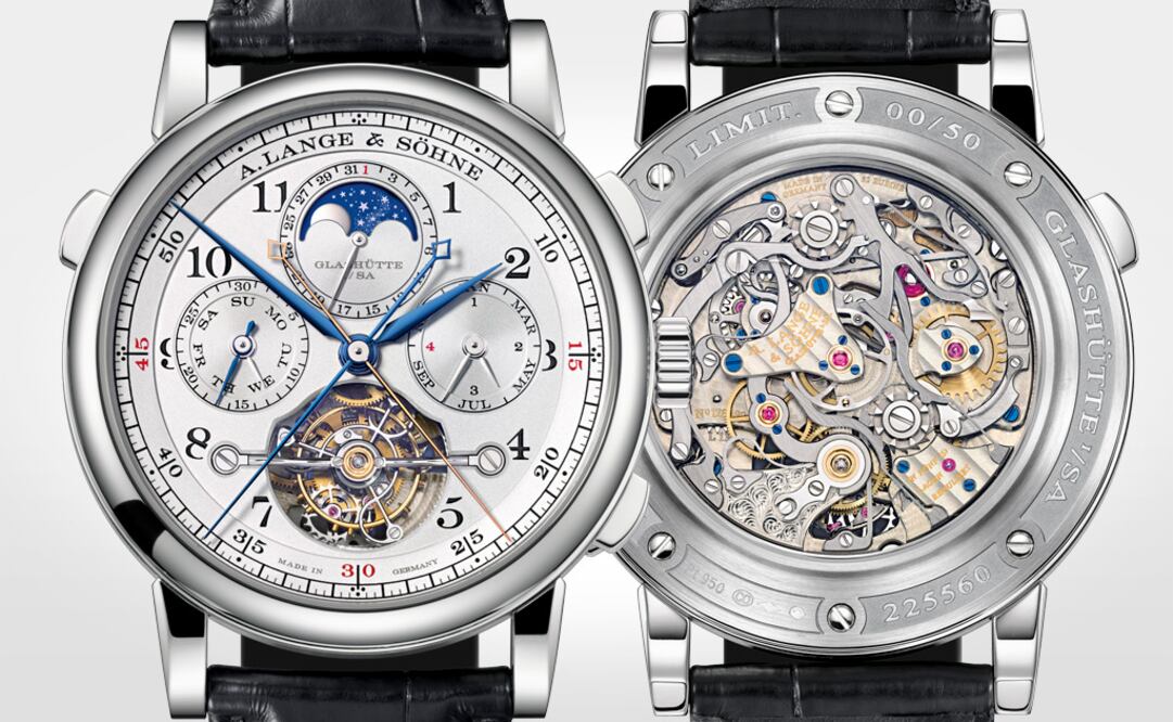 Quinto reloj de la línea “Pour le Mérite”, combina el accionamiento por cadena y caracol con tourbillon, cronógrafo, ratrapante y calendario perpetuo. La combinación de estas complicaciones lo convierte en un reloj especial. Mecanismo de cuerda manual Calibre Lange L133.1, cronógrafo con función ratrapante, calendario perpetuo con fecha, día de la semana, mes y año bisiesto, indicación de las fases de la luna, caja de platino de 43 mm y esfera de plata maciza. 
