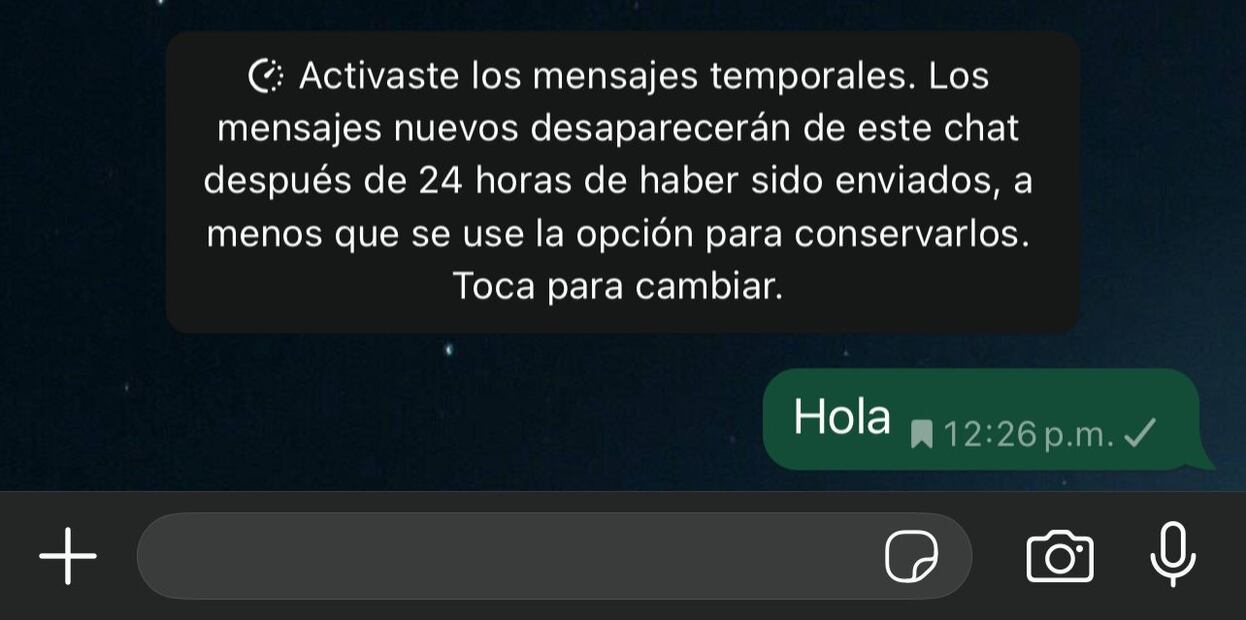 Mensajes temporales en WhatsApp. Foto: Captura de pantalla