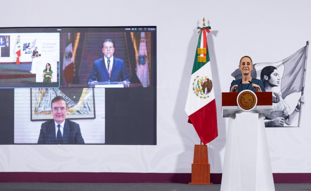 La presidenta Claudia Sheinbaum Pardo, el gobernador de Durango, Esteban Villegas, y el secretario de Economía, Marcelo Ebrard, en la conferencia matutina del 20 de marzo de 2024. Foto: Hugo Salvador/EL UNIVERSAL