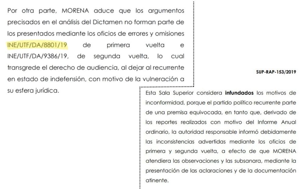 La Sala Superior considera infundados los motivos de inconformidad de Morena.  |  Imagen: captura de pantalla TEPJF, expediente SUP-RAP-153/201.