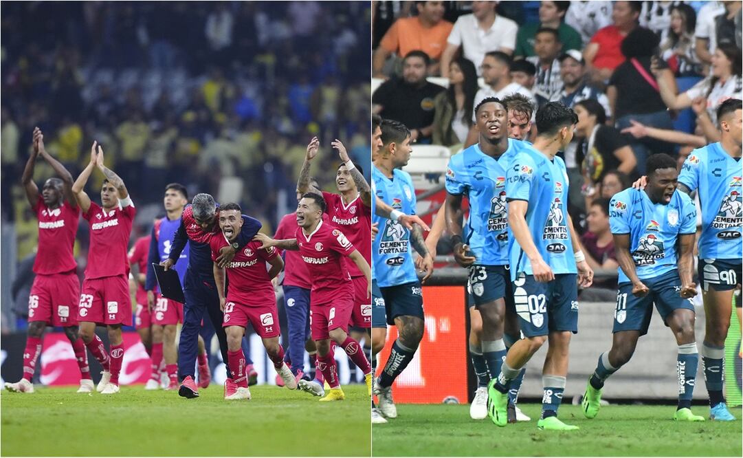Los escarlatas festejando el pase a la final contra América y los Tuzos haciendo lo propio frente a Rayados / Foto: Especiales