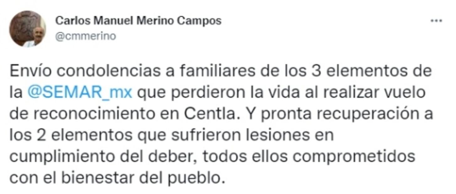 Gobernador de Tabasco lamenta muerte de 3 marinos tras desplome de helicóptero en Centla